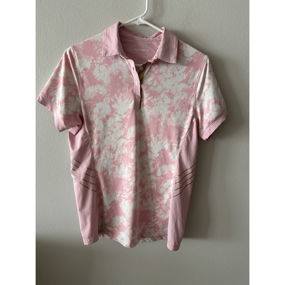 Sunice Women Small  Polo Shirt Pink Abstract Golf Tennis Pickleball Short Sleeve